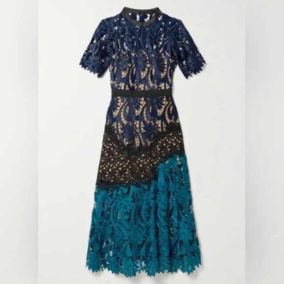 Self Portrait Blue Prairie Lace Guipure Midi Dress - size 8 - Picture 2 of 5